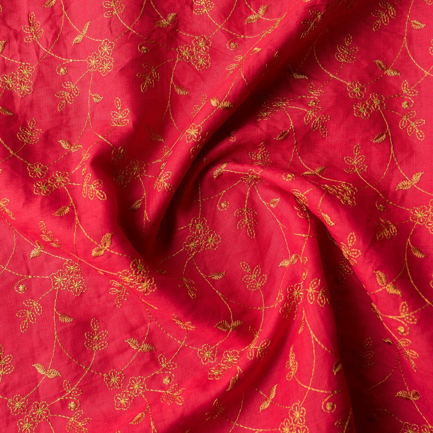 Deep Red Embroidered 100% Linen Fabric