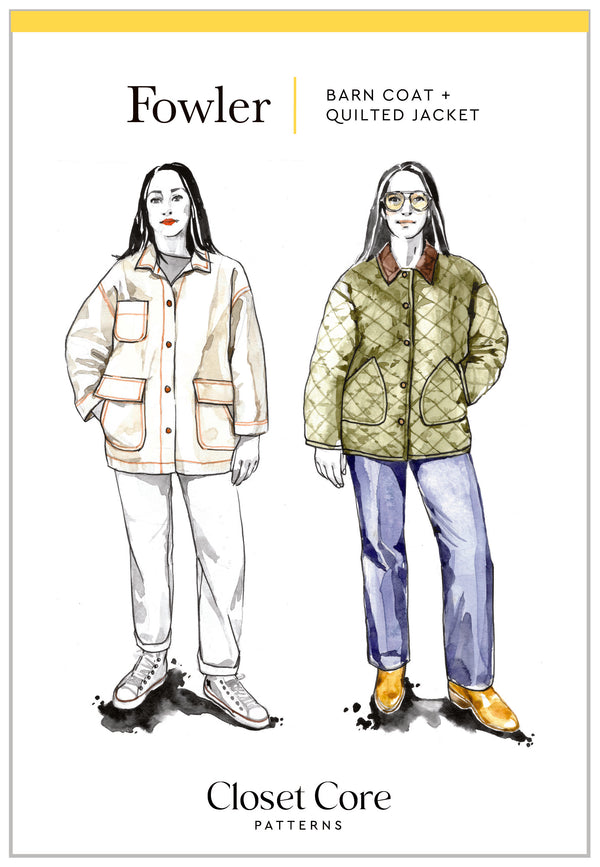 Illustration of two people wearing coats with 'Fowler' branding and 'Closet Core Patterns' text.