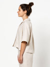 Albie Shirt Sewing Pattern with front, back, and side views, showcasing a box-shaped body, dropped shoulder, and square-shaped elbow-length sleeves with wide hems.