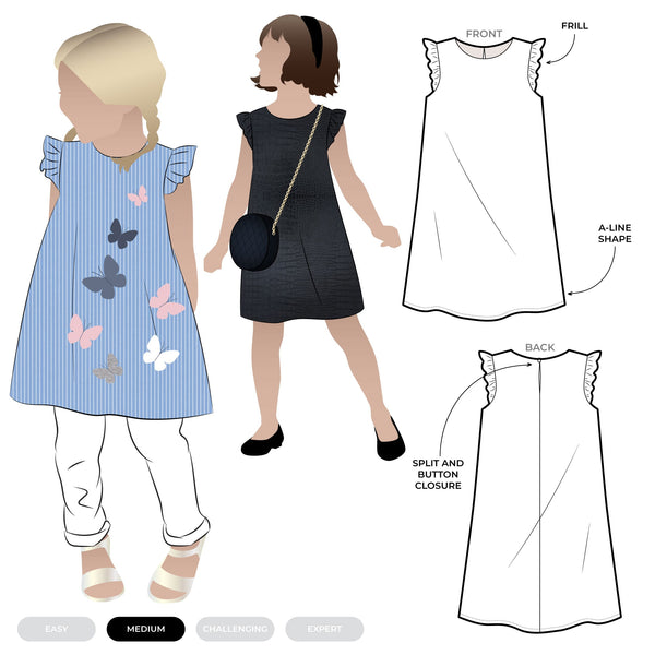 Illustration of two children wearing dresses with a dress design diagram on the right.