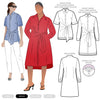 Illustration of a woman wearing a red dress with a shirt and dress made using Avon Woven Shirt and Dress sewing pattern options on a white background.