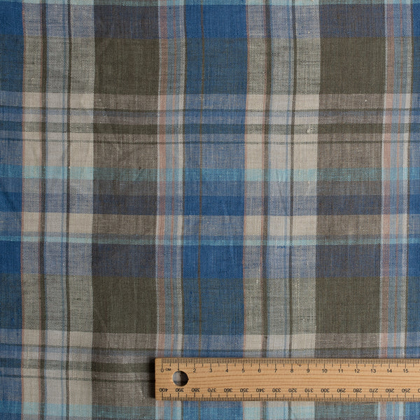 Blue Olive Plaid linen fabric with blue, dark olive and dark-rose yarn-dyed stripes, 100% linen, 130 GSM, 60 LEA