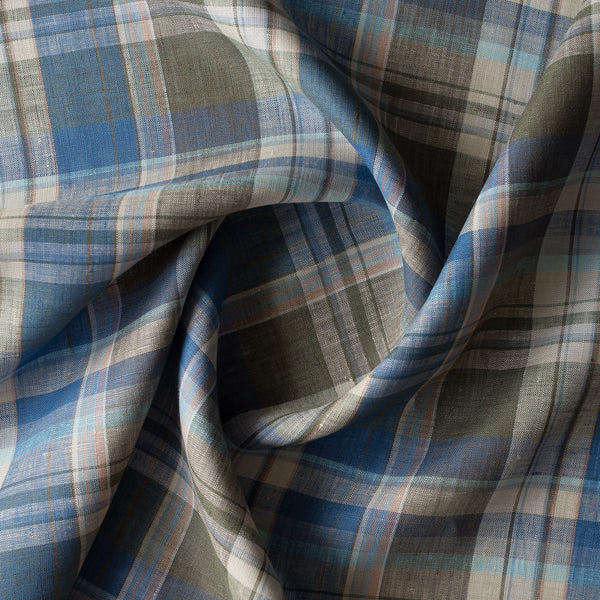 Blue Olive Plaid linen fabric with blue, dark olive and dark-rose yarn-dyed stripes, 100% linen, 130 GSM, 60 LEA
