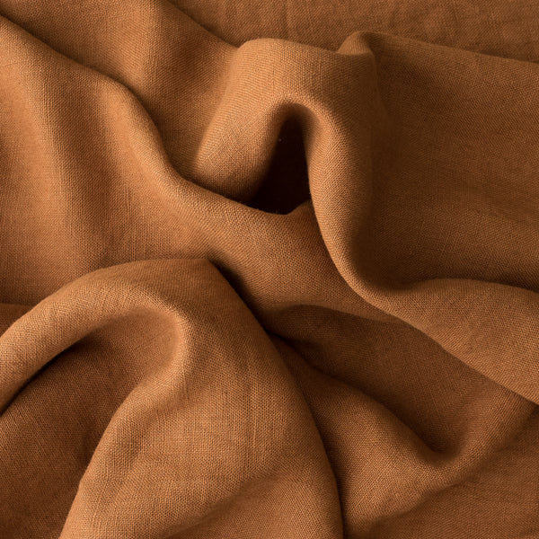 Close-up of Classic Tobacco extra wide 280cm 100% linen fabric 300gsm for jackets, aprons, cushions, curtains and structured home textiles