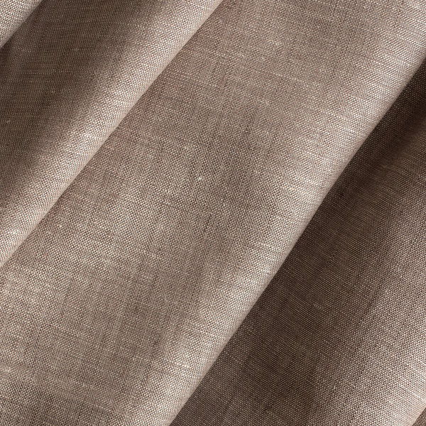 Close-up of Earthbound Chambray Linen fabric in a warm taupe stone shade, 100% linen, 145 GSM with chambray texture — close-up weave detail