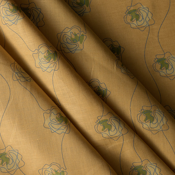 Golden Sketch Bloom linen fabric with golden mustard base and blue line-drawn floral design with green accent