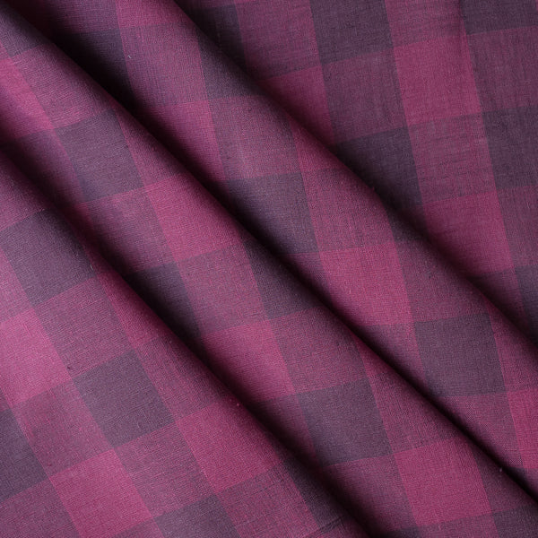 Close-up of Plumberry Gingham linen fabric in three-tone plum and berry, evenly spaced gingham, 100% linen, 130 GSM, yarn dyed