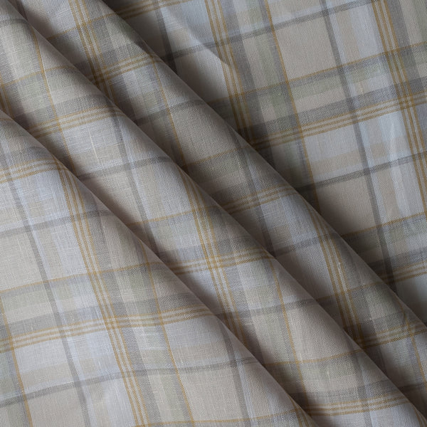 Honey Reed Plaid linen fabric with warm golden, grey and white yarn-dyed stripes, 100% linen, 135 GSM, 60 LEA