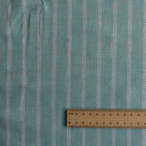 Mint Shore Stripe linen fabric with aqua–mint base, white vertical stripes and a subtle wave-like textured weave, 160 GSM