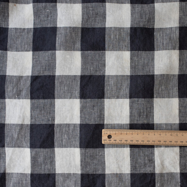 Navy Check extra wide 100% linen fabric with navy, chambray navy and white 2.5cm checks for curtains, bedding and garments