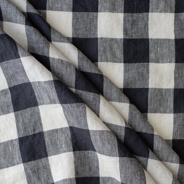 Navy Check extra wide 100% linen fabric with navy, chambray navy and white 2.5cm checks for curtains, bedding and garments
