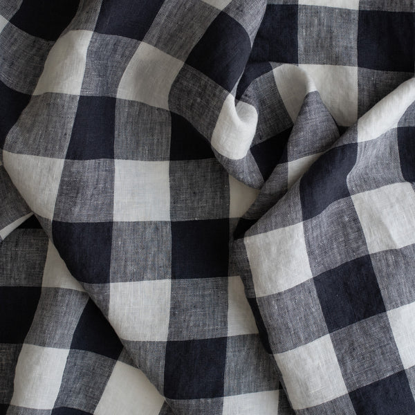 Navy Check extra wide 100% linen fabric with navy, chambray navy and white 2.5cm checks for curtains, bedding and garments