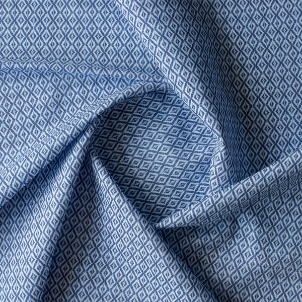 Navy Trellis linen–cotton blend fabric with navy diamond trellis print, 135 GSM, 40 LEA
