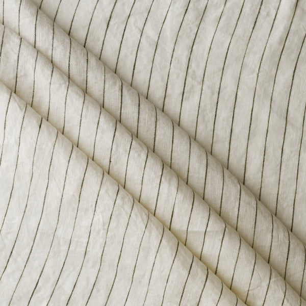 Olive Thread Stripe extra wide 100% linen fabric with off-white base and narrow olive stripe for curtains, bedding and table linen