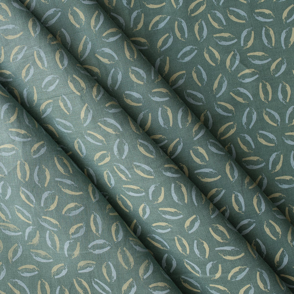 Sage Coast Print linen fabric with small botanical leaf motifs on a muted blue–green base