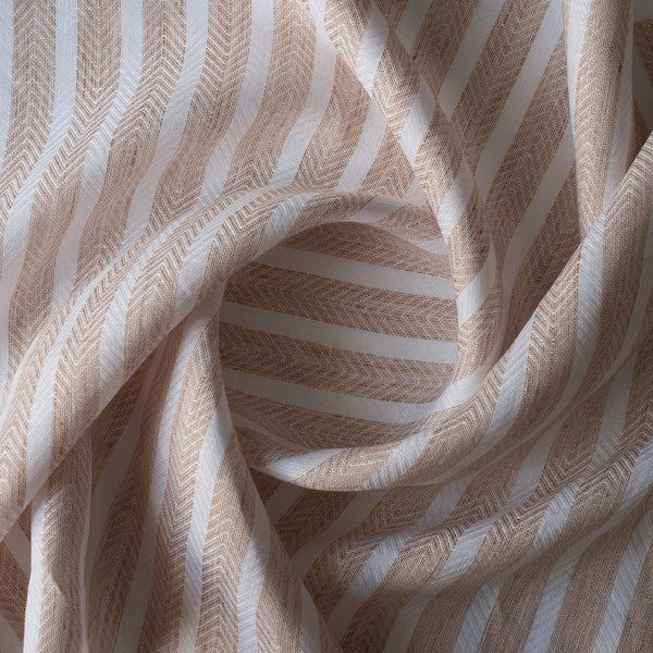 Salt & Sand Stripe herringbone linen – beige textured herringbone weave with white vertical stripes, lightweight linen for garments.
