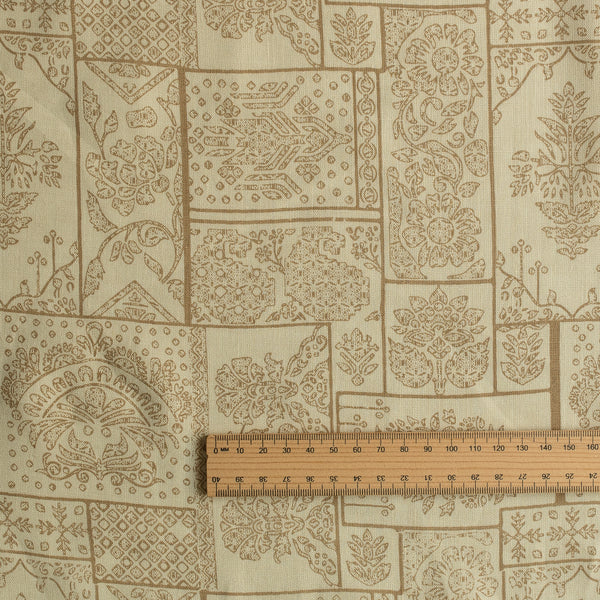 Sandprint linen fabric in slightly greenish beige with patchwork floral design, 140 GSM, 60 LEA
