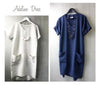 Adeline Dress Multi-Size Sewing Pattern - hard copy-Sewing Patterns-Style Arc-4-16-de LinumSewing pattern of the Adeline Dress showcasing a model wearing the finished dress with a slight cocoon shape and roll-up sleeves, accompanied by technical drawings highlighting the fold-up cuff, patch pocket, and facings.