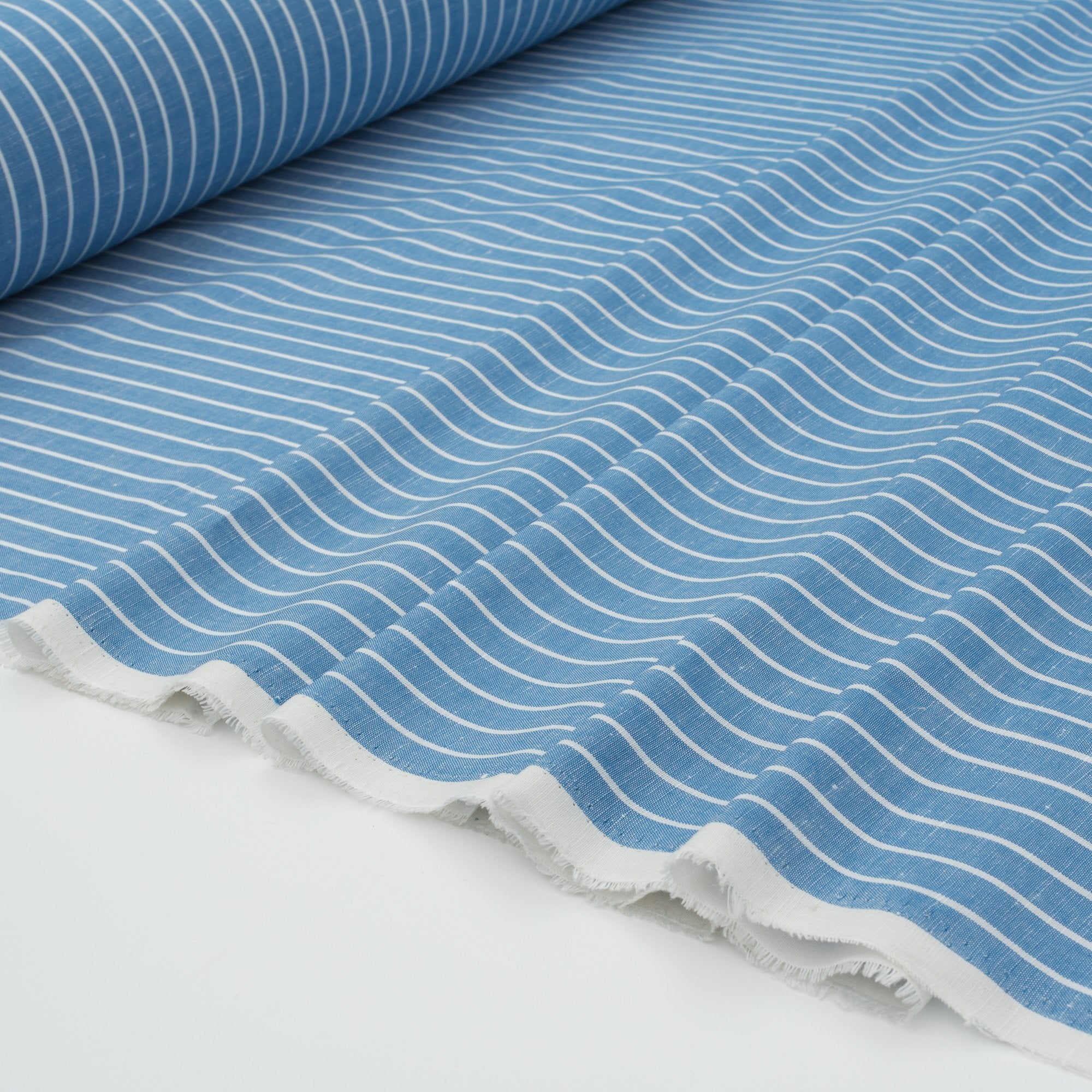 Denim Blue & White Stripe Linen Blend Fabric