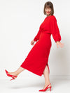 Elsbeth Woven Dress sewing pattern featuring gathered front bodice, optional sleeves, and a fitted panelled skirt, suitable for cotton, linen, viscose, and silk fabrics