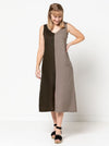 Esther Woven Dress sewing pattern by Style Arc, showcasing an A-line calf-length design with front and back V-necks, front skirt split, and suitable for washed linen, rayon, cotton, and crepe fabrics.