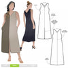 Esther Woven Dress sewing pattern by Style Arc, showcasing an A-line calf-length design with front and back V-necks, front skirt split, and suitable for washed linen, rayon, cotton, and crepe fabrics.
